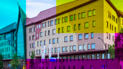 The old ITC building with colours layered over the picture