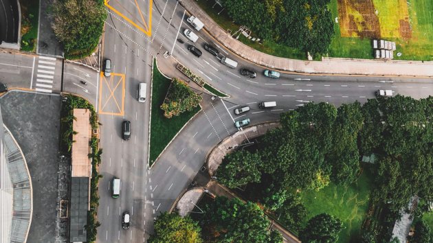 An aerial image of a busy intersection