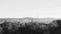 Black and white image of apartment buildings in Pretoria, South Africa