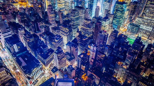 An overhead view of New York city at night