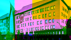 The old ITC building with colours layered over the picture