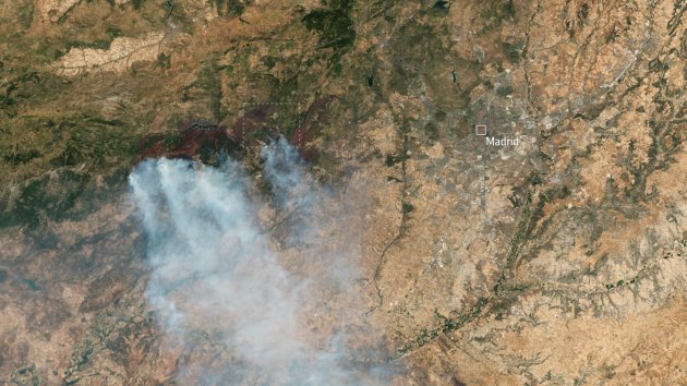 Satellite image of wildfires near Madrid, Spain